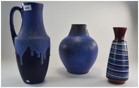 Blue West German Vase Plus A Single Handled Drip Glaze German Vase + 1 Other.