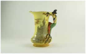 Burleigh Hand Painted 1930's ' Pied Piper ' Jug with Figural Handle and Vibrant Colours of Yellow,