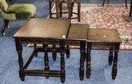 Oak Nest Of 3 Tables, Rectangular Tops On Turned Ballister Supports, 23 x 18 Inch Top,