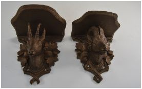 Pair Of 19thC Carved Wooden Wall Brackets Stags Head And Leaf With Small Shaped Platform,