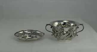 Victorian - Fine Silver Embossed Twin Handle Porringer and Saucer with Ribbed Half Body.