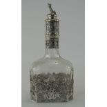 A Very Fine German - Late 19th Century Silver Mounted and Applied Etched Glass Decanter.