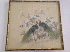 Oriental Painting On Silk Depicting 2 Peacocks Amongst Foliage,