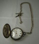 British Watch Co Silver Full Hunter Pocket Watch with Attached Heavy Silver Albert Watch Chain,