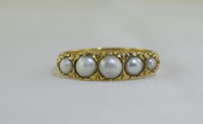Antique 18ct Gold Set - 5 Stone Seed Pearl Ring, Filigree Setting.