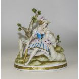 Sitzendorf Hand Painted Group Figure ' Shepherdess with 3 Lambs on a Rocky Crag.