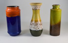 3 West German Vases, Blue/Orange And Greens,