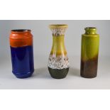 3 West German Vases, Blue/Orange And Greens,