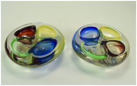 Pair Of Murano Glass Bowls, Four Sectional Coloured Glass Bowls In Green And Blues,