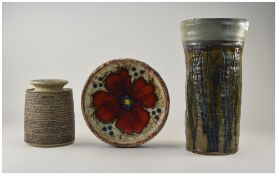 Italian Flower Red Glazed Bowl Together With A Large Stoneware Studio Vase And One Other