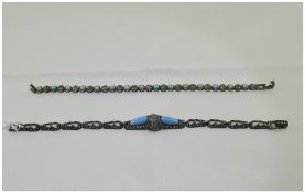 George V - Silver Set Turquoise and Marcasite Set Bracelets ( 2 ) In Total. c.1920's.