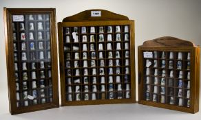 3 Oak Glazed Wall Displays Containing Approx 158 Porcelain Souvenir Thimbles