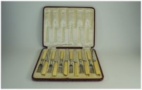 Antique Boxed Set of Good Quality Bone and Silver Banded Knives and Forks.