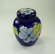 Moorcroft - Tubelined Lidded Ginger Jar ' Blue Hibiscus ' Design on Blue Ground.