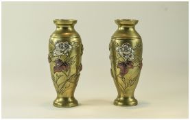 Small Pair Of Japanese Bronze Vases, Floral Applied And Engraved Decoration In Mixed Metals,