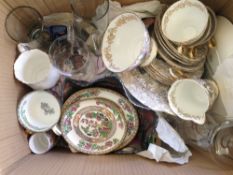Box Of Miscellaneous Pottery Comprising Pottery, Glass, Coalport, Carnival Glass Etc.