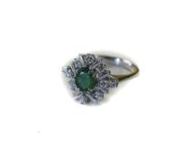 18ct White Gold Diamond And Emerald Cluster Ring Central Oval Emerald Surrounded By Alternating