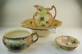 Victorian Pottery Set Comprising Chamber pot, Water Jug, 2 Bowls and A Strainer With Stand,