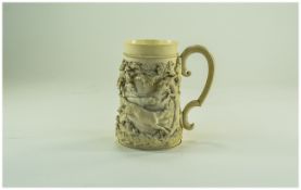 A Very Fine Late 19th / Early 20th Century Carved Ivory Mug Carved and Decorated In High Relief