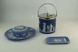 4 Pieces Of Wedgwood Jasperware Comprising Biscuit Barrel With Silver Plated Lid And Rim,