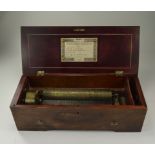 Swiss Rosewood Cylinder Music Box Playing Six Airs, Key Wind, Original Tunesheet,