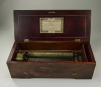 Swiss Rosewood Cylinder Music Box Playing Six Airs, Key Wind, Original Tunesheet,