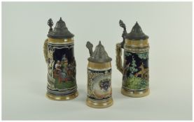 German 20th Century Ceramic Pewter Lidded Tankards.