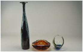 Two Murano Style Coloured Glass Bowls Together With A Tall Green Marbled Vase