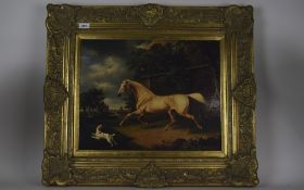 Modern Lacquered Print, Horse And Dog At The Side of An Estate, Moulded Swept Gilt Frame,