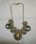 Sea Blue Crystal Piece and Antique Gold Metal Statement Necklace,