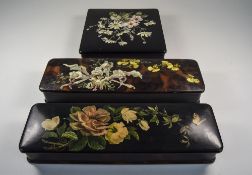 2 Lacquered 19thC Glove Boxes, Removable Covers With Floral Decoration, Painted Red Interior,