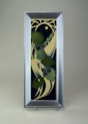 Moorcroft - Modern Rectangle Shaped Wall Plaque, Silvered Frame ' Moonlit Green ' Design.