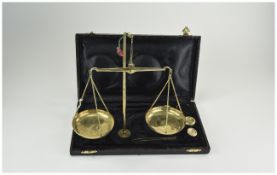 Small Set Of Brass Lacquered Pan Scales, Complete In Silk & Velvet Lined Fitted Case.