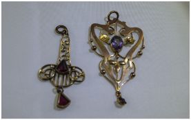 Victorian 9ct Gold Open worked Amethyst Set Pendant / Drop. Marked 9ct. 1.