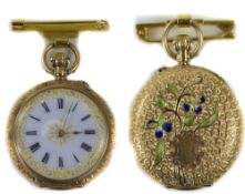 Very Fine Early 20th Century 14ct Gold and Enamel Ladies Fob Watch, Attached to a 14ct Gold Brooch,