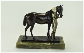 Art Deco Bronze And Ivory Figure Group The standing female figure before a horse,