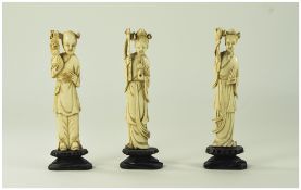 Chinese Late 19th Century Trio of Ivory Carved Figures, Raised on Ebonised Plinths.