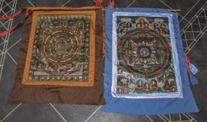 2 Nepalese Wall Hangings Depicting Figures In The Lotus Position, Silk On Parchment,