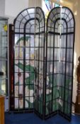 Large Wooden 4 Panel Folding Screen, Floral Art Nouveau Stained Glass Design, Height 84 Inches,
