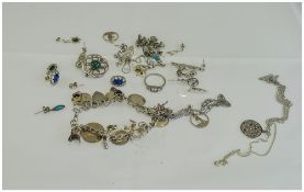 Bag Containing A Collection Of Silver Jewellery Comprising Charm Bracelet, Earrings, Pendants,
