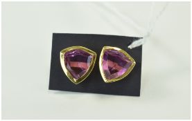 Kunzite Pink Colour Quartz Stud Earrings, each a curved trillion cut solitaire,