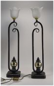 Pair Of Modern Decorative Table Lamps Wrought Iron Design, Opaline Flared Shades,