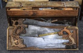 Late 19th Early 20thC Carpenters Tool Box Containing A Collection Of Woodworking Hand Tools,