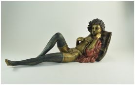 Modern Bronze Cast Sculpture, Cold Painted Semi Clad Reclining Maiden,