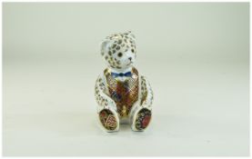 Royal Crown Derby Paperweight ' Teddy Bear ' Blue Bow tie, Gold Stopper. Date 2001. 5 Inches High.