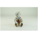 Royal Crown Derby Paperweight ' Teddy Bear ' Blue Bow tie, Gold Stopper. Date 2001. 5 Inches High.