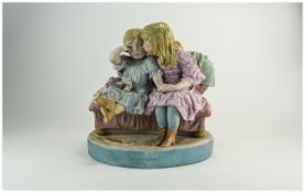 German Style Bisque Figural Group, Two Children On Sofa, Impress Title 'Never Mind',