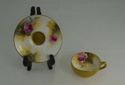 Royal Worcester - Fine Hand Painted Miniature Cup and Saucer ' Pink Roses ' Stillife. Signed M.