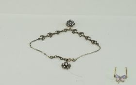 A Nice Quality Antique Silver Ankle Bracelet, Set with Seed Pearls and Marcasite,