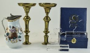 Small Mixed Lot Comprising A Pair Of 19thC Candlesticks With Pushers, A Pewter Lidded Jug,